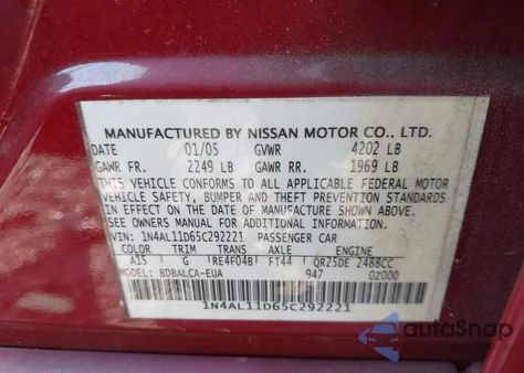 2005 Nissan Altima 2.5 S from USA, damaged, VIN 1N4AL11D65C292221